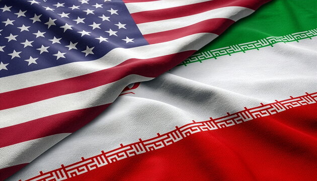 Full frame composition of United States and Iran fabric flags placed side by side symbolizing diplomacy, relations and geopolitical affairs.