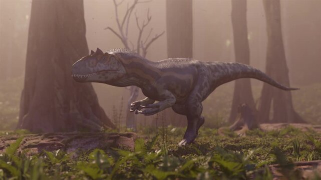 This 12-second 4K animation depicts a mighty Allosaurus stalking prey in a prehistoric jungle. This realistic reconstruction recreates the predator's movements in its natural, ancient habitat.