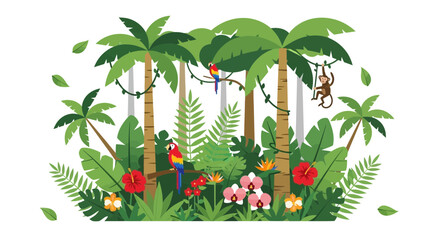 Vibrant Jungle Scene with Parrots, Monkeys, Palm Trees and Tropical Flowers © Sarwanto1122