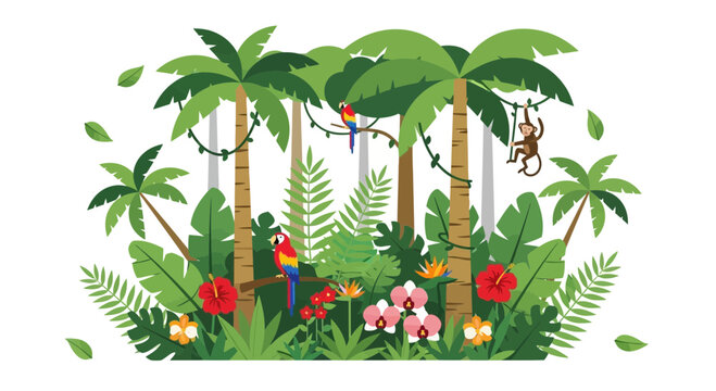Vibrant Jungle Scene with Parrots, Monkeys, Palm Trees and Tropical Flowers
