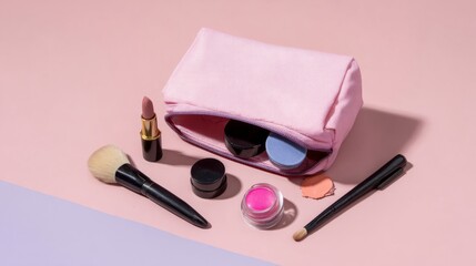 Naklejka premium skincare. Pink cosmetic bag with makeup products arranged on clean background with subtle shadow, lifestyle magazines, social media lookbooks, designed for influencer and brand collaborations. 