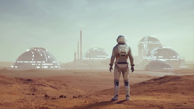 Astronaut standing on a barren planet, gazing at futuristic habitats in the distance. Represents exploration, innovation, and the future of space colonization