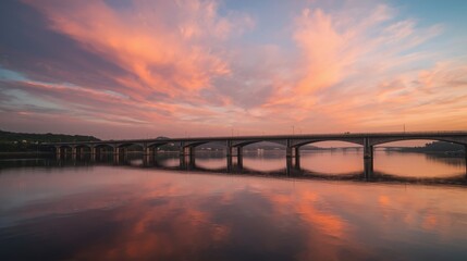 Obraz premium Serene bridge over calm waters at sunset with vibrant sky