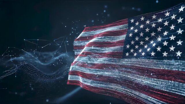 American flag background animation showing waving digital glowing line dot network connection over dark blue abstract wave for memorial day independence day technology concept and copy space area