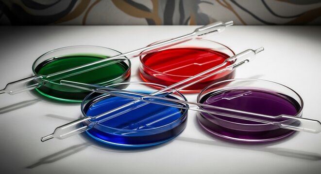 Four Petri Dishes with Colorful Agar Media and Inoculating Loops.