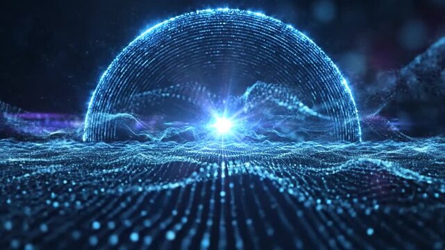 Abstract Digital Shield Formation with Glowing Blue Particles and Light Rays Over Wavy Surface image
