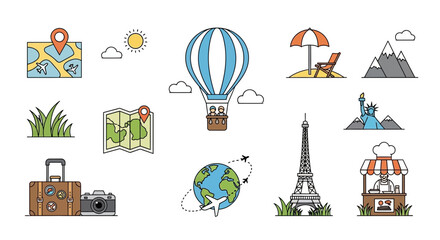 Travel and Vacation Icons: Hot Air Balloon, Eiffel Tower, Globe, Map, Suitcase, Camera, Statue of Liberty © Zahra
