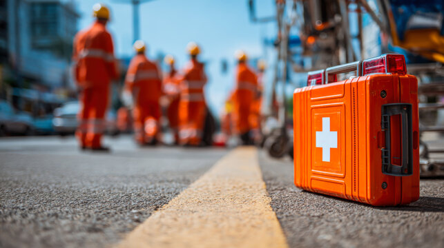 Workers in bright orange uniforms assist with a construction project on a busy street while a first aid kit sits on the ground nearby in the daytime