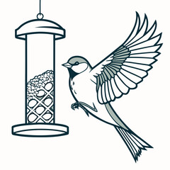 A detailed illustration depicts a small bird likely a chickadee approaching a cylindrical bird feeder filled with seeds high quality professional modern © mukul