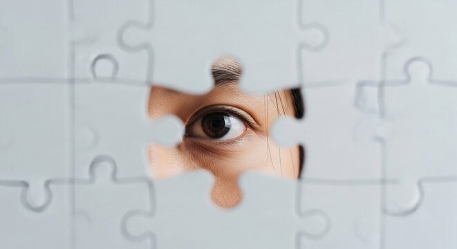 Woman face behind puzzle pieces with hidden smile concept showing readiness and problem solving thinking