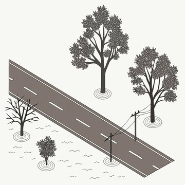 An isometric illustration depicts a flooded roadway with trees partially submerged in water showcasing environmental impact high quality professional detailed modern elegant