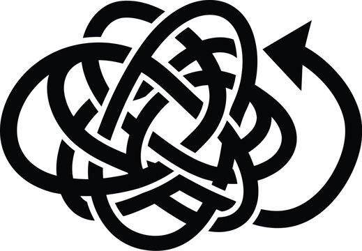 Intricate black and white knot symbol with a circular arrow indicating a complex process problem solving or cyclical journey representing entanglement and resolution with a clean graphic design