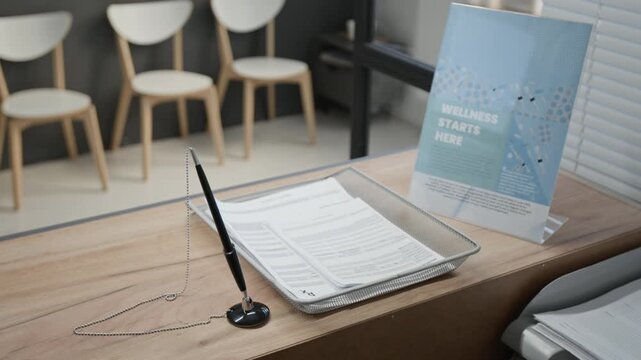 High angle close up of medical check-in forms, pen stand and wellness flyer on wooden reception desk, waiting area in background