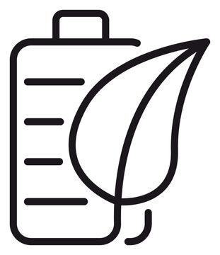 Green energy battery vector icon with a leaf symbol, representing eco-friendly power, sustainable technology, renewable energy sources, and environmental conservation illustration.