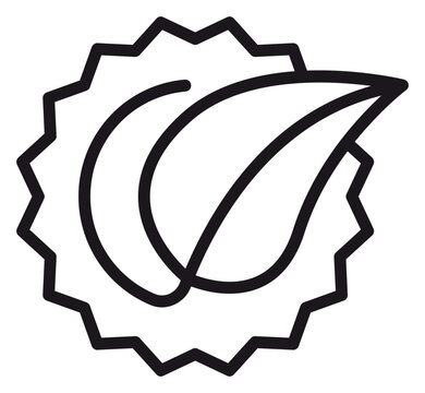 Eco-friendly organic certification badge vector icon. Minimalist black line art illustration of a leaf inside a jagged circular seal, representing natural products, sustainability, and nature.