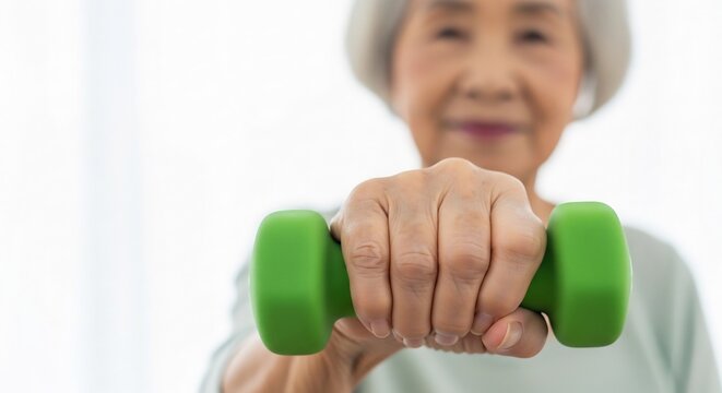 Dumbbell held by senior woman showing ready exercise fitness training concept for strength and healthy lifestyle