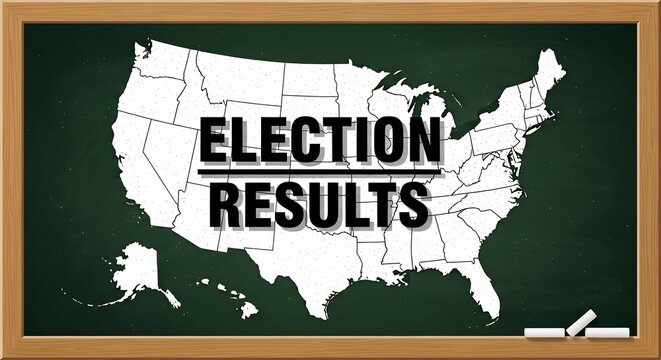 United States election results poster on a chalkboard with bold typographic message and map silhouette