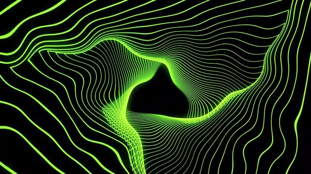 Green abstract tunnel of glowing lime wavy lines forming a hypnotic geometric portal moving through dark digital space.