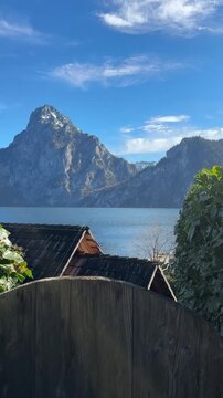 Mountains lake foliage traunstein sunny