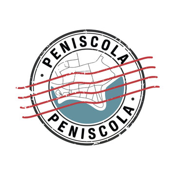 Pen scola travel stamp with a map and red lines illustration