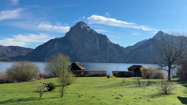 Mountains lake foliage traunstein sunny