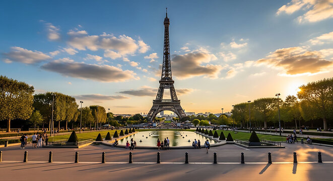 Eiffel Tower Paris France landmark at sunset with people walking around  iconic tourist destination