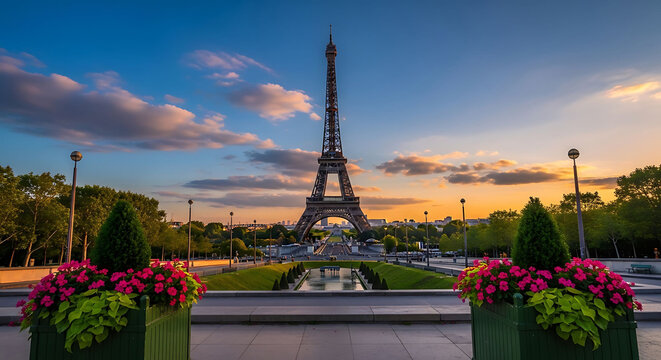Eiffel Tower Paris France iconic landmark at sunset with flower planters