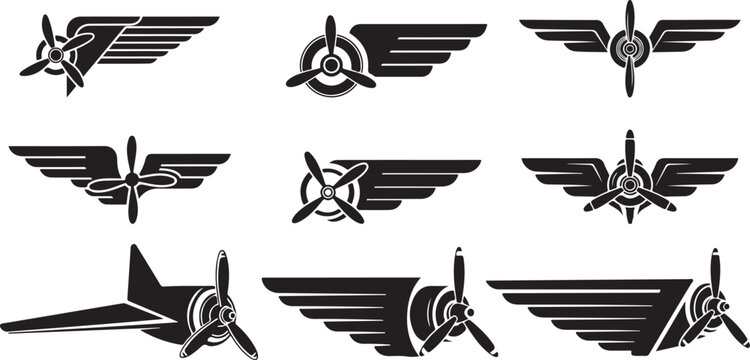 Detailed airplane wing emblem with propeller design on white background.Airplane wing emblem Silhouette veccor illustrator.