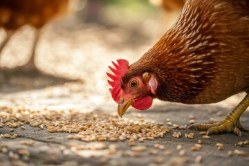 Fototapeta premium Brown chicken pecking at grains on the ground in a farm yard with sunlight shining down