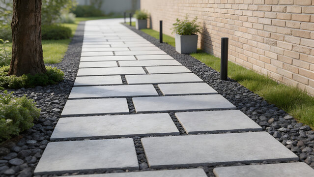 Stone pathway in garden with brick wall