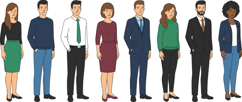 Set of diverse business people standing in three quarter view wearing professional suits and smart casual office clothing for corporate team concept,