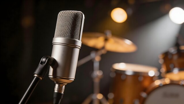 Microphone and drum set in studio