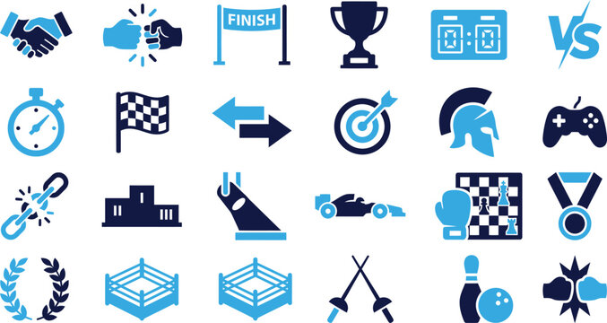 Game and competition icons set for winning, strategy, and sportsmanship themes.