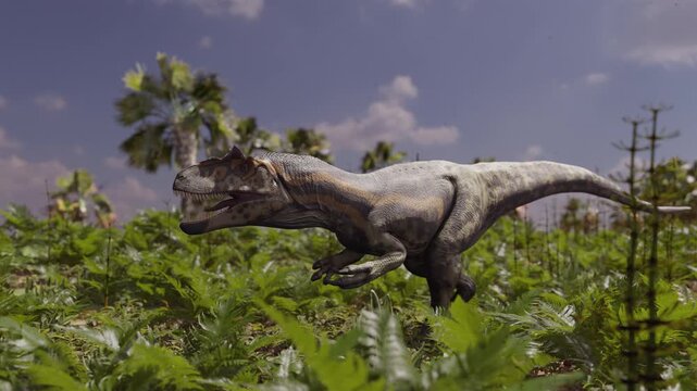 This 12-second 4K animation depicts a mighty Allosaurus stalking prey in a prehistoric environment. This realistic reconstruction recreates the predator's movements in its natural, ancient habitat.