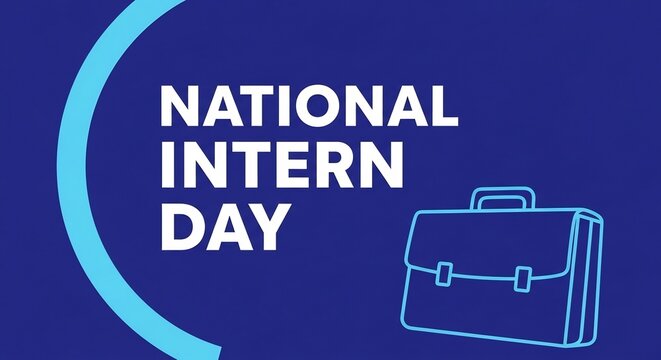 Briefcase line icon with National Intern Day typography on blue gradient background for business internship promotion