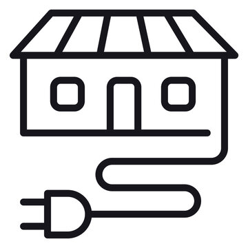 Black vector icon illustration of a house with an electric power plug, representing smart home technology, energy efficiency, residential electricity, and sustainable building concepts.