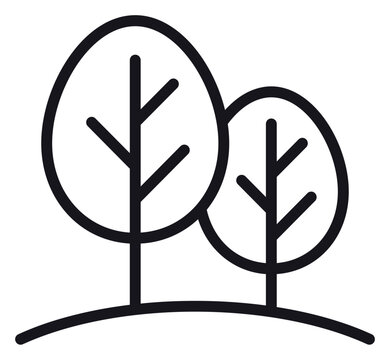 Minimalist black line vector icon of two stylized trees standing on a curved ground line, representing nature, forest, environment, and ecology in a clean, scalable graphic illustration.
