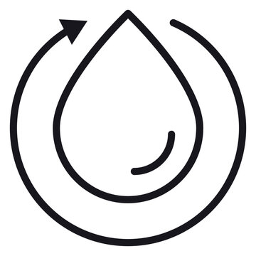 Black vector icon of a water drop enclosed in a circular arrow, symbolizing water recycling, conservation, sustainable resource management, and the environmental water cycle illustration.