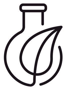 Minimalist black line art vector icon of a laboratory flask with a leaf, representing biotechnology, green chemistry, eco-friendly research, natural science, herbal medicine, and bioengineering.