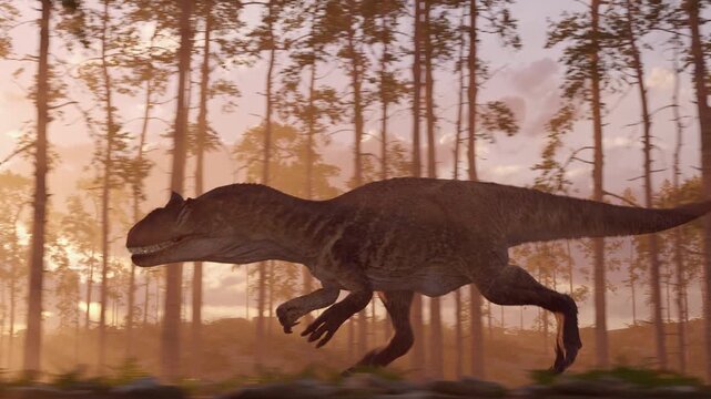 4K 11-second 3d animation of a powerful Allosaurus running through a prehistoric forest at the dusk. Realistic reconstruction of the predator's movement in its natural ancient habitat
