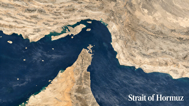 
Satellite View of the Strait of Hormuz - Strategic Maritime Passage Between Persian Gulf and Gulf of Oman 