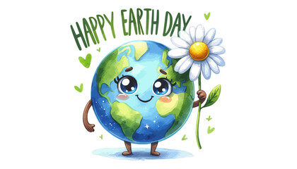 Obraz premium A cartoon globe with a smiling face holding a flower on Earth Day