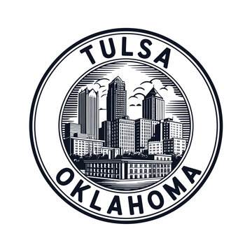 Vintage style emblem featuring the tulsa oklahoma cityscape illustration