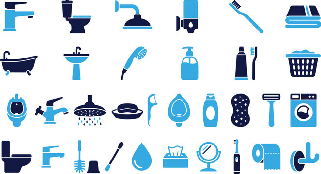 Modern blue and dark blue flat icons collection for bathroom on white background.