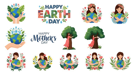 Fototapeta premium A colorful illustration of Earth Day and Mother's Day stickers with trees and people