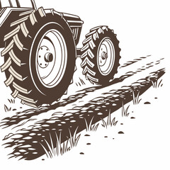 A detailed sketch depicts the rear wheels of a tractor moving across a dirt path leaving distinct tire tracks behind high quality © shahin10