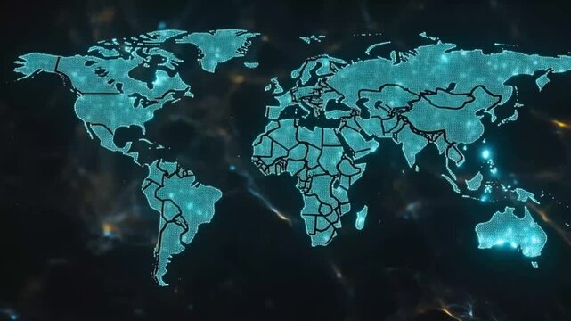 Futuristic digital data network with interconnected icons representing global communication, glowing node
