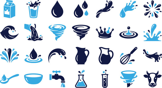 Water and liquid icons in blue and black on a white background.