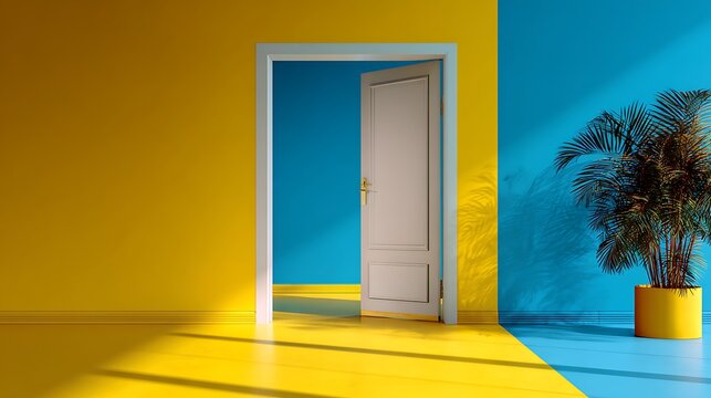 Open door in room with yellow and blue walls, potted plant, and light patterns