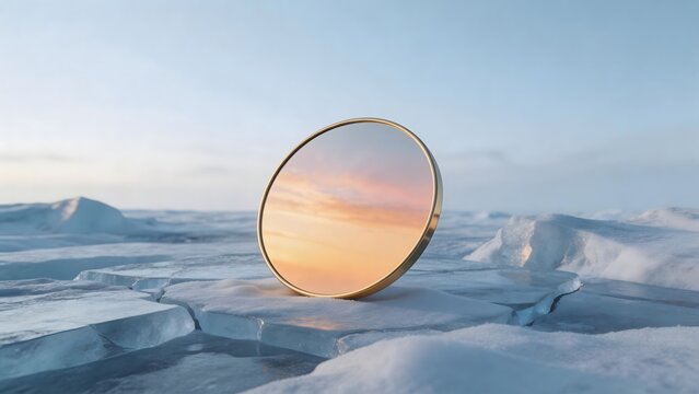 Mirror on icy landscape with sunset reflection